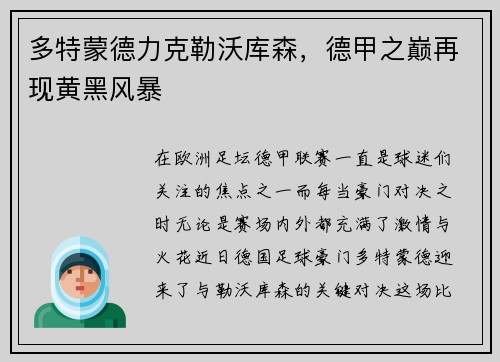 多特蒙德力克勒沃库森，德甲之巅再现黄黑风暴