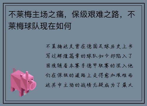 不莱梅主场之痛，保级艰难之路，不莱梅球队现在如何