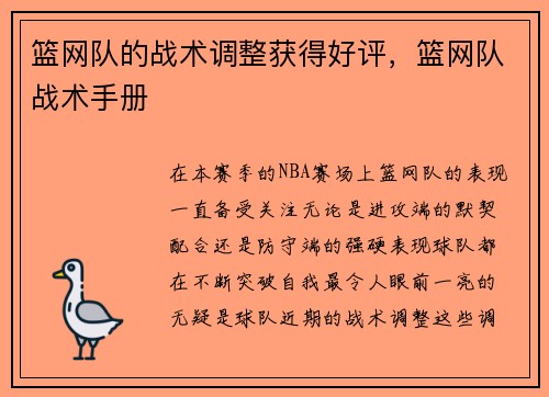 篮网队的战术调整获得好评，篮网队战术手册