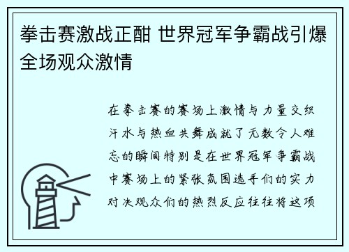 拳击赛激战正酣 世界冠军争霸战引爆全场观众激情