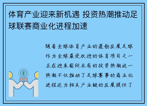 体育产业迎来新机遇 投资热潮推动足球联赛商业化进程加速 体育产业迎来新机遇 投资热潮推动足球联赛商业化进程加速